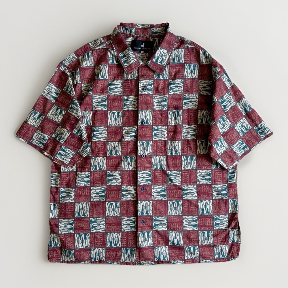 VTG Peruvian Connection Pima Cotton Button Shirt‎ XL Tribal Red Brown Abstract
